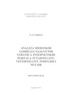 prikaz prve stranice dokumenta Analiza medijskih sadržaja naslovnih stranica internetskih portala, Jutarnji list, Večernji list, Index.hr i Net.hr